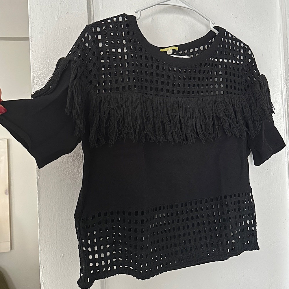 GIANNI BINI Boxy Black Fringe Top
